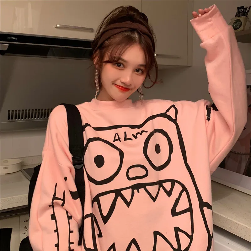 ATKULLQZ New Little monster sweatershirt Korean version plus velvet thick coat student lazy clothes college winter Sweatshirts