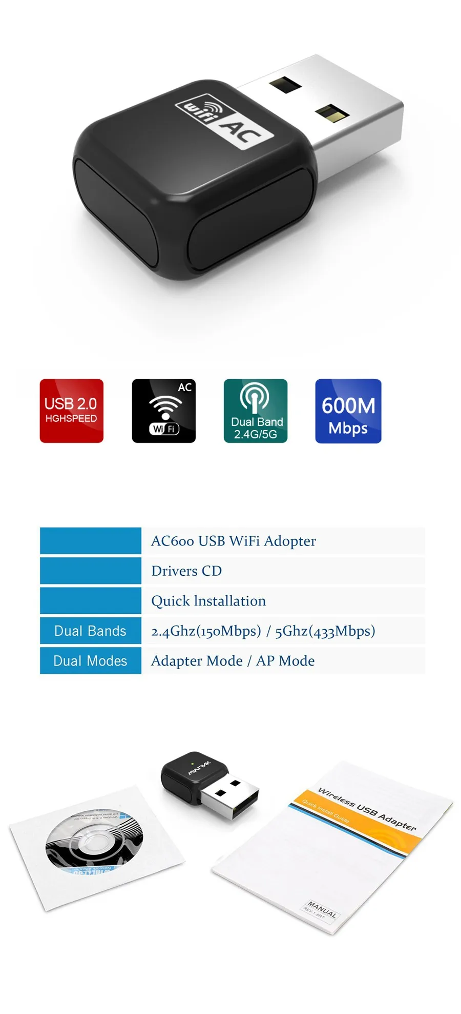 Wavlink AC600 двухдиапазонный Wi-Fi usb Адаптер 2,4G и 5G сетевой адаптер LAN карта wifi адаптер usb wifi ключ сетевая карта с интерфейсом usb