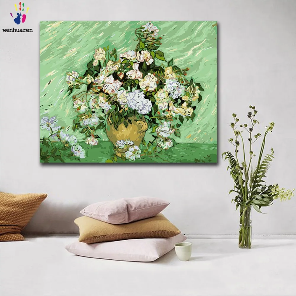 DIY картинки для раскраски по номерам с цветами Ван Гога Цветущий белая роза