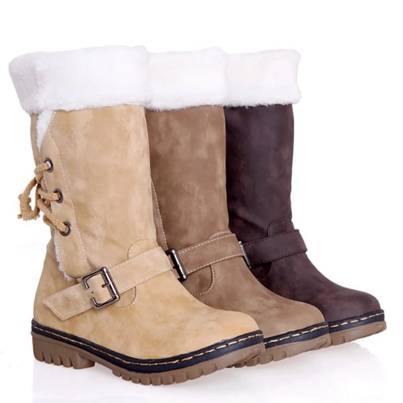Plardin/Новые Модные женские ботинки размера плюс 34-46 зимние теплые и удобные ботинки до середины икры женские ботинки с пряжкой