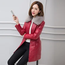 Красный длинный женский пуховик из натуральной кожи, роскошный воротник лисы, приталенный, размера плюс 4XL, настоящий пуховик из овчины