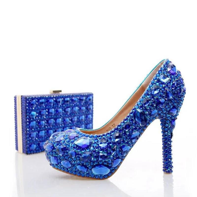 2017 Blue Rhinestone Wedding Heels with Fashion Crystal Matching Bag Party High Heels with Clutch Bridal Shoes Lady Prom Pumps