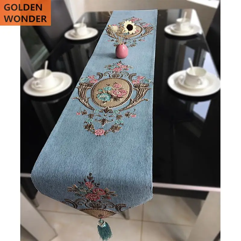 

European Style Modern Elegant Table Runners Custom made Chenille Jacquard Table Runner Home Decor Blue Color with Embroidery