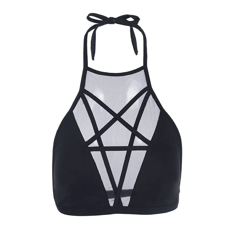 Hollow out Pentagram Halter Tank Tops Dark Fashion Padded Hanging Neck Mesh Perspective Women's Summer Backless Sexy Vest | Женская
