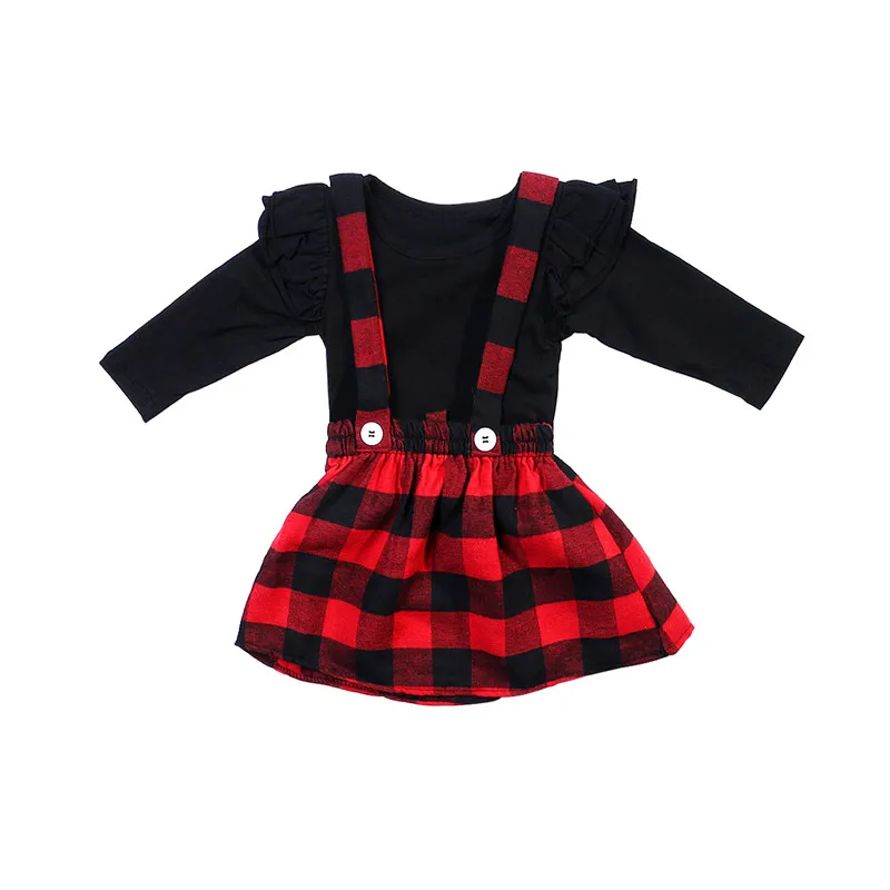 Комплекты одежды для маленьких девочек от 0 до 4 лет рождественские наряды принцессы для девочек осенне-зимняя футболка, комбинезон платье в клетку на бретелях комплект для девочек - Цвет: Черный