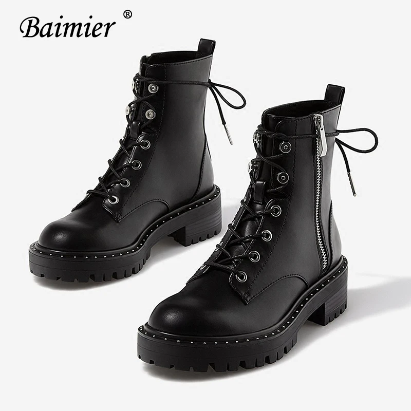 Черные женские ботинки Baimier из натуральной кожи ботильоны на шнуровке с