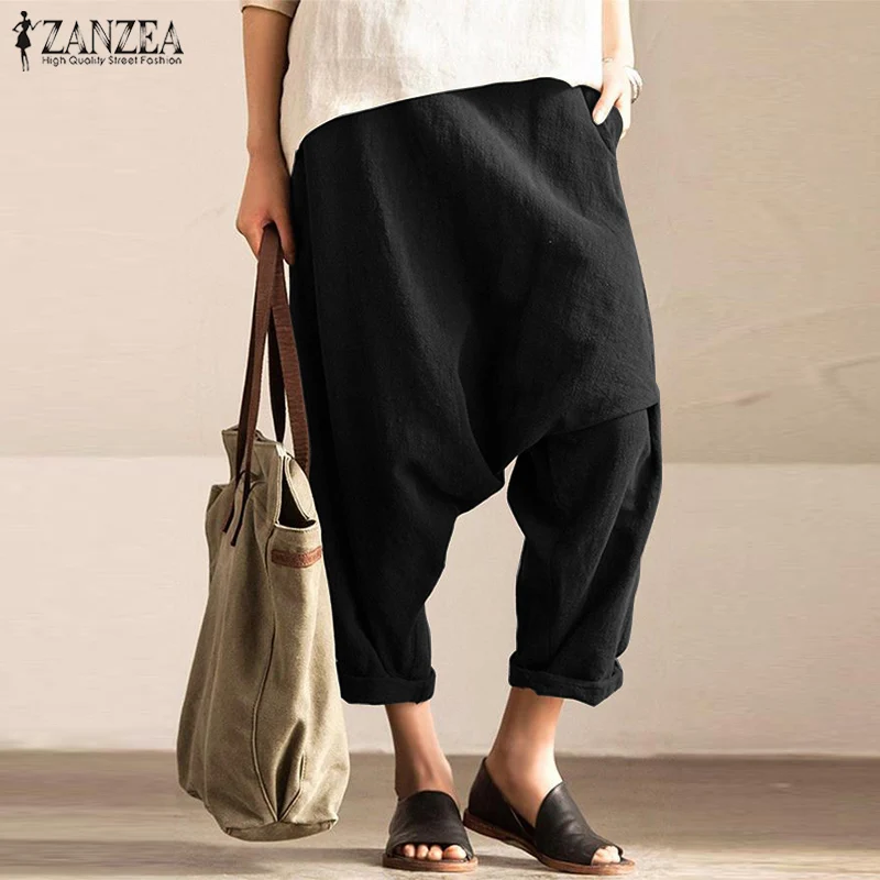 ZANZEA Women Cotton Linen Drop Crotch Pants Autumn Vintage Elastic Waist Solid Harem Trousers Casual Pantalon Turnip Robe Femme