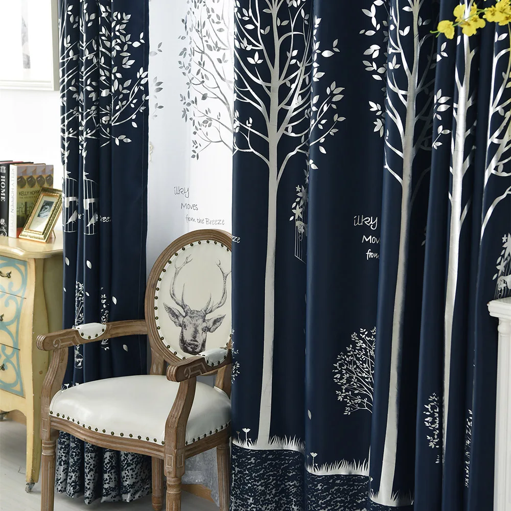 

Silver Tree Bird Blackout Drapes For Children Bedroom White Linen Tulle Thermal Thick Kids Curtains For Living Room AG024&2