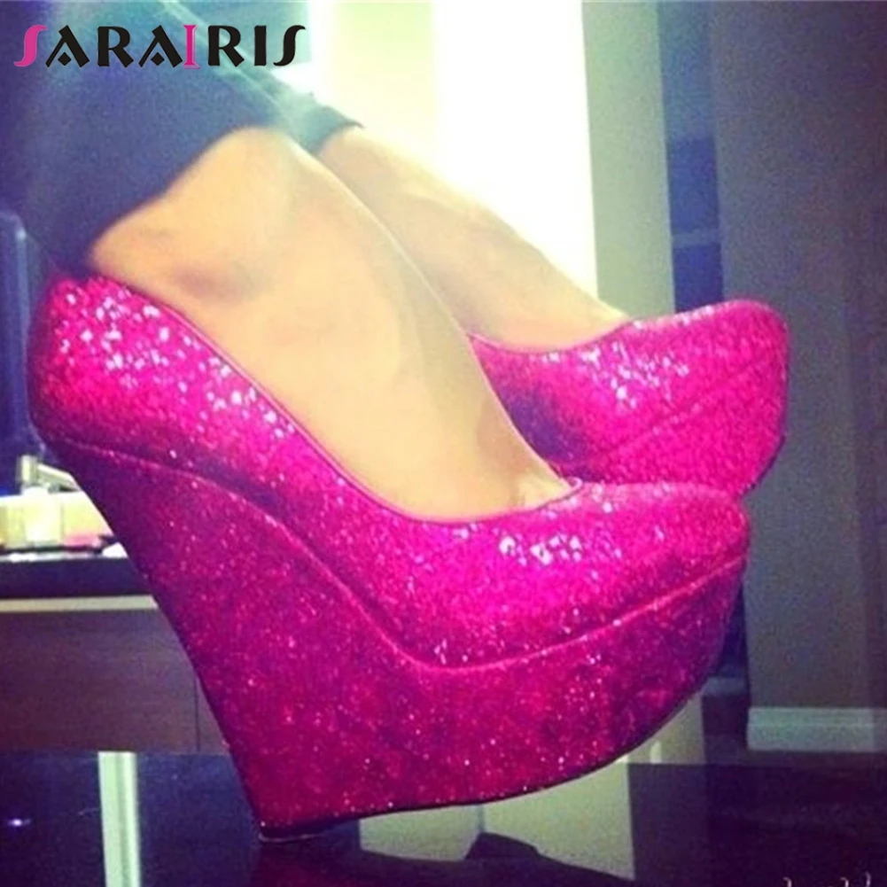 

Brand Design Big Size 47 Sexy Platform Sequined Bling Women Wedges Shoes Pumps Women Sexy Party High Heels Shoes Woman Heeled