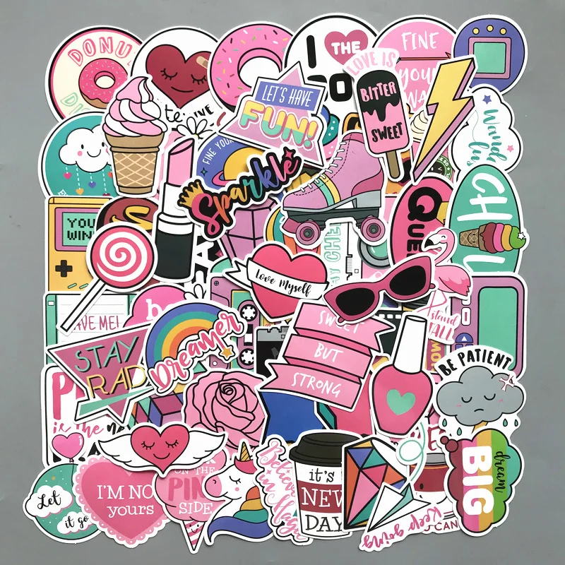 

60PCS Cute pink girl sticker DIY scrapbook album skateboard computer motorcycle luggage Guitar Bike decorative stickers