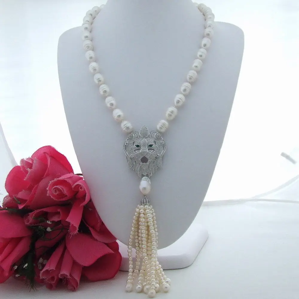 

FC071403 23" White Rice Freshwater Pearl Necklace Lion CZ Pave Pendant