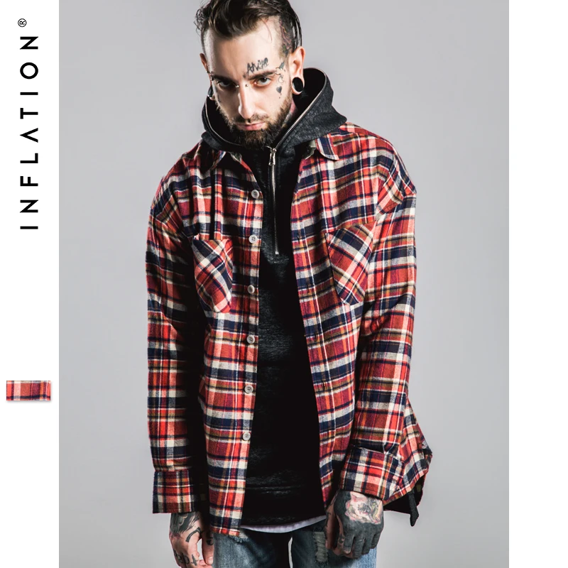 INFLATION Fear Of god long Sleeve Brushed font b Tartan b font casual shirt tyga hiphop