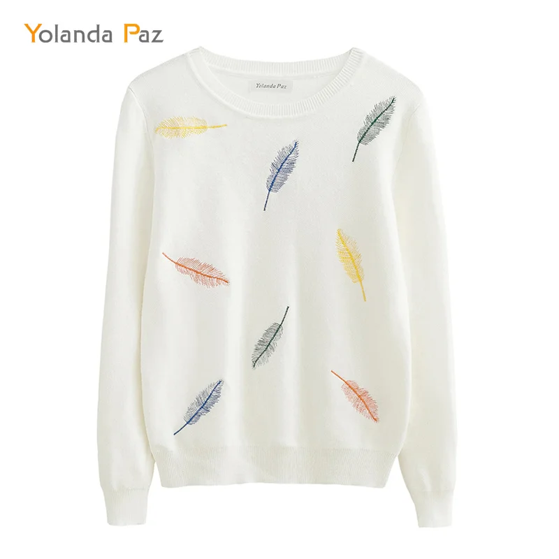 Yolanda Paz Горячая распродажа! Осенне-зимние женские модные вязаные свитера с вышивкой из перьев, черный/белый Повседневный свитер для женщин/девушек