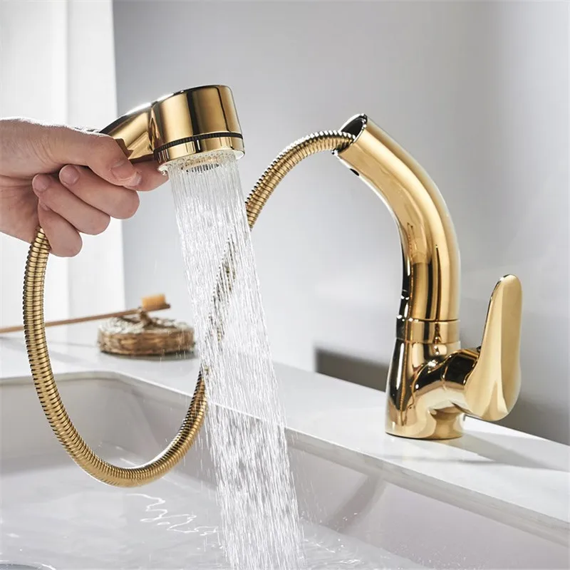 MOIIO Golden sink Faucet Height Adjustable Pull Out Bathroom Faucet with Multifunction 360 Degree Rotation HOT and Cold Tap MOIIO Golden sink Faucet Height Adjustable Pull Out Bathroom Faucet with Multifunction 360 Degree Rotation HOT and Cold Tap