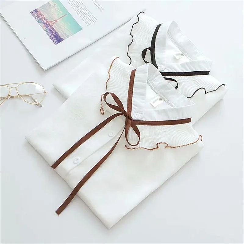 

2018 shirt mori girls autumn winter Japan style fresh long sleeve stand collar white bowknot blouse blusa PZ886