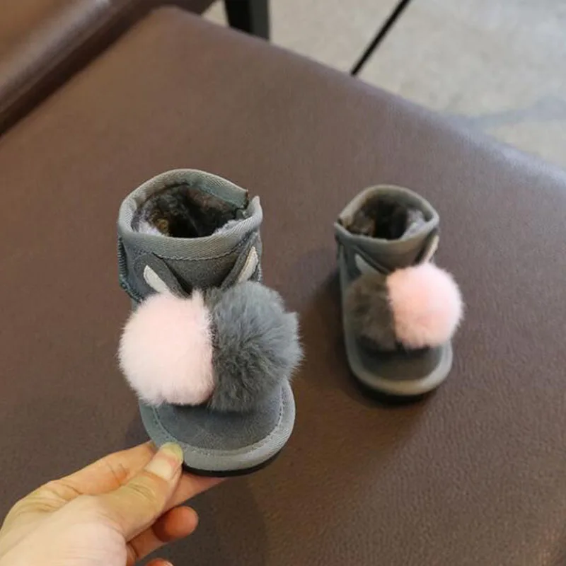 Buy Genuine Leather Baby Snow Boots Girls Plus Velvet Thick Winter Boots Rex Rabbit Fur ball Decoration Children Boots
