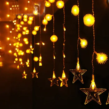 

4M 100 Led Fuzzy Ball Twinkle Curtain Lights 18pcs Five-Pointed Star Christmas Flashing Lamp For Party Wedding
