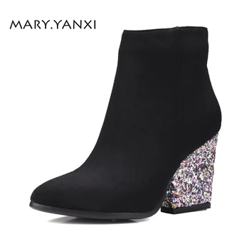 

Winter Spring Autumn Women Flock Nubuck Shoes Ankle Chelsea Boots Zipper Zip High Heels Fashion Round Toe Big Size Solid Bling