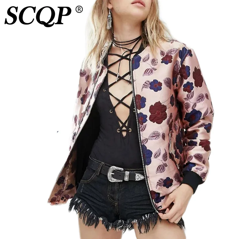 SCQP Floral Printed Pink Satin Bomber Jacket Ladies Zippers Pockets