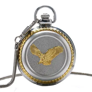 

Luxury 3D Golden Eagle Pattern Cover Quartz Pocket Watch with Snake Bone Chain Watch Cool Silver Fob Men Women Quartz Clock Hour