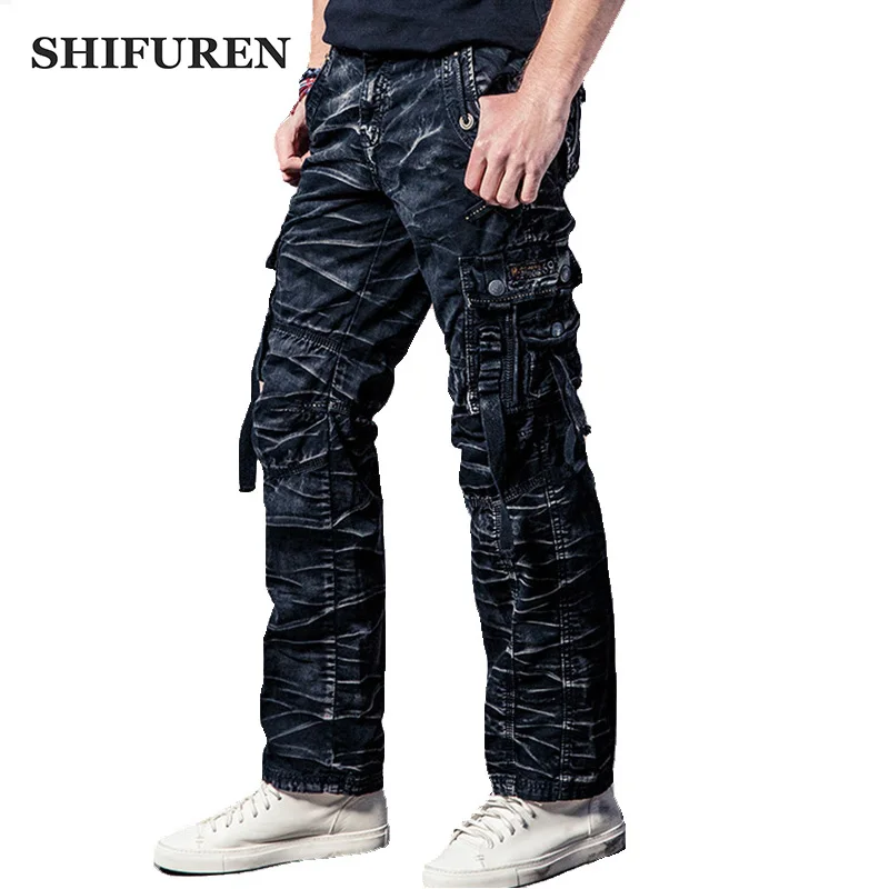 

SHIFUREN Men Camo Cargo Pants Multi Pocket Full Length Cotton Overalls Causal Baggy Camouflage Trousers Loose Fit Size 29-40