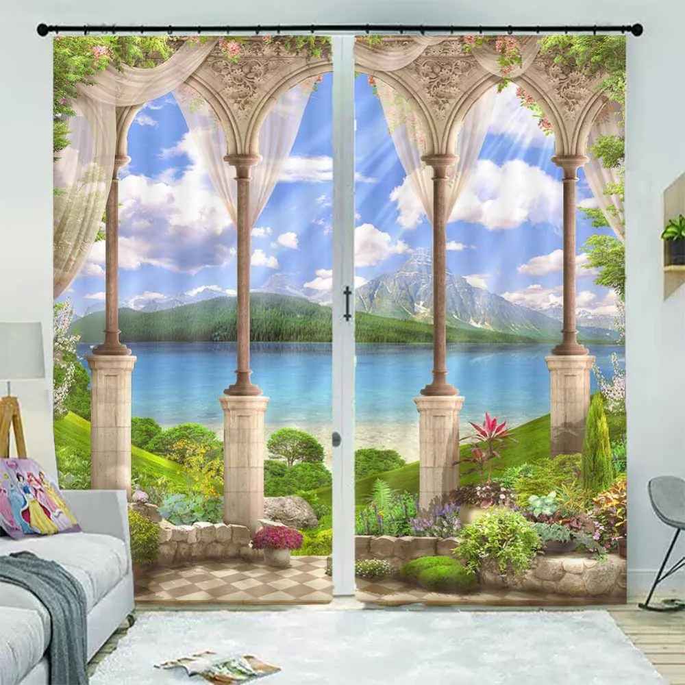

European landscape 3D Curtains For Bedroom Kids Living Room Drapes Fabric Polyester Set with Hooks Factory direct sale