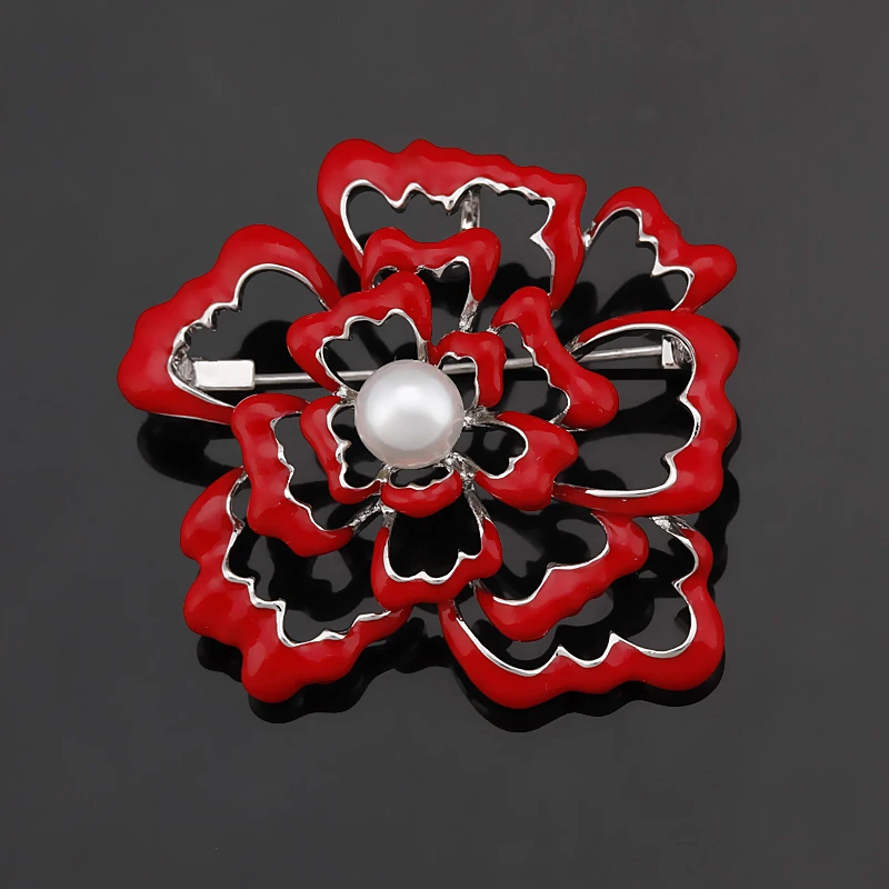 

2017 New Arrival Red Enamel Rose Flower Fashion Brooch Pins for Women with Imitation Pearl
