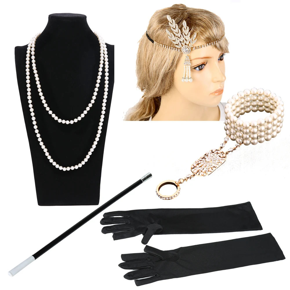 

Women's 1920s Flapper Gatsby Fancy Dress Accessories 5 PCS Set Hen Party Headbands Costume Kit Pearl Necklace Cigarette Holder