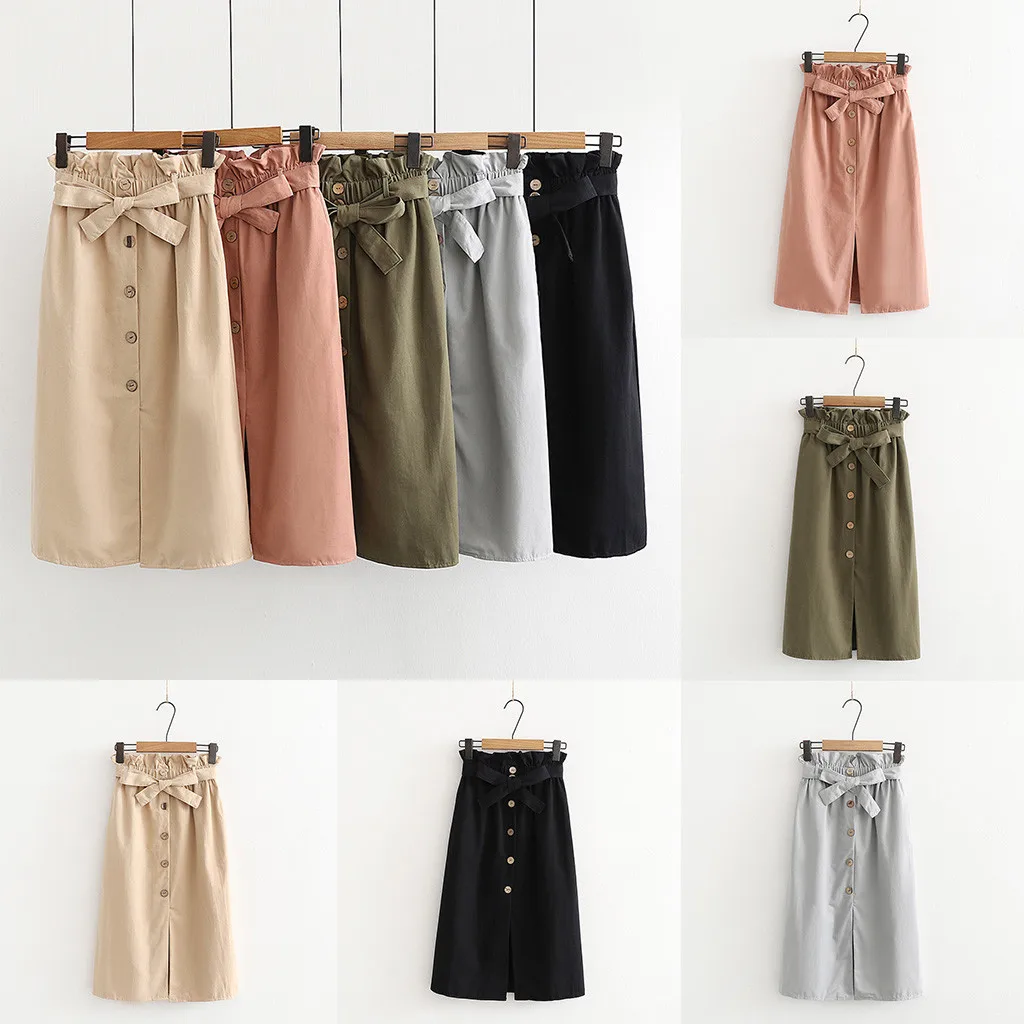 

summer Autumn skirts womens Casual high waist skirts Elastic Party Vintage Split double pocket A word over knee skirt L0711