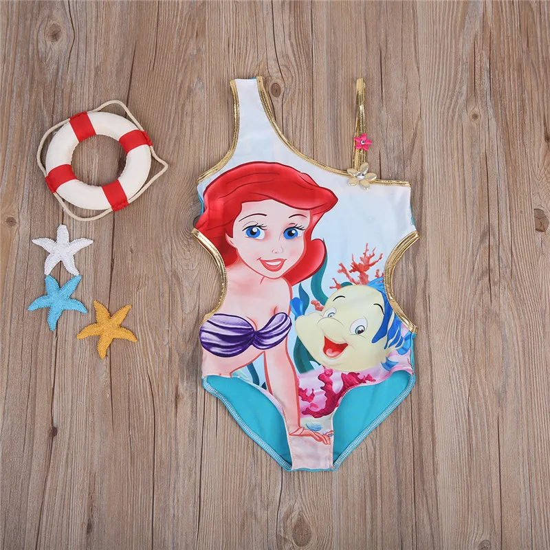 Цельный купальник с растительным узором Русалочки для маленьких девочек, купальные костюмы на одно плечо, пляжная одежда для детей, купальные костюмы
