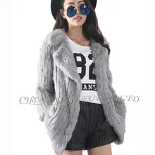 CX-G-A-04 Женское пальто с кроличьим мехом вязаное натуральное пальто с натуральным кроличьим мехом~ Прямая