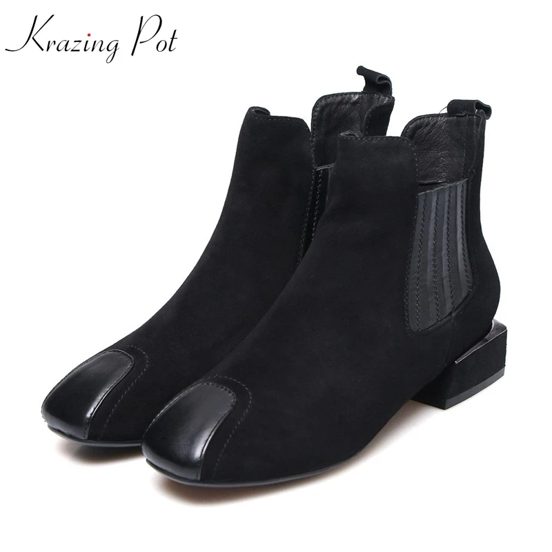 

Krazing Pot 2018 kid suede Chelsea boots superstar black color European round toe punk design women thick heel ankle boots L30