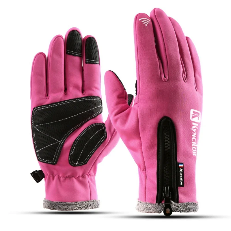 Перчатки ветрозащитный для велоспорта Нескользящие с сенсорным экраном холодные лыжные перчатки для верховой езды зимние теплые флисовые перчатки для спорта на открытом воздухе - Цвет: Розовый