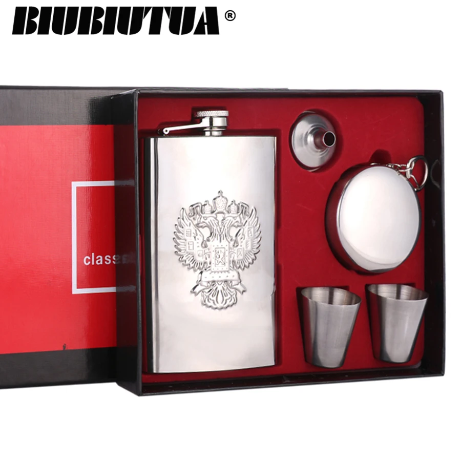 

BIUBIUTUA 9oz Luxury Stainless Steel Hip Flask Set With Folding Cup Russia's Emblem Printed 3 Cups Gift Flask Set Gift For Men