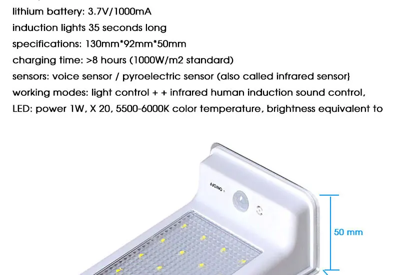 20 Led Солнечная лампа с датчиком движения, для улицы, водонепроницаемая, индукция тела, контроль звука, питание от батареи, садовый настенный светильник, для двора, дома