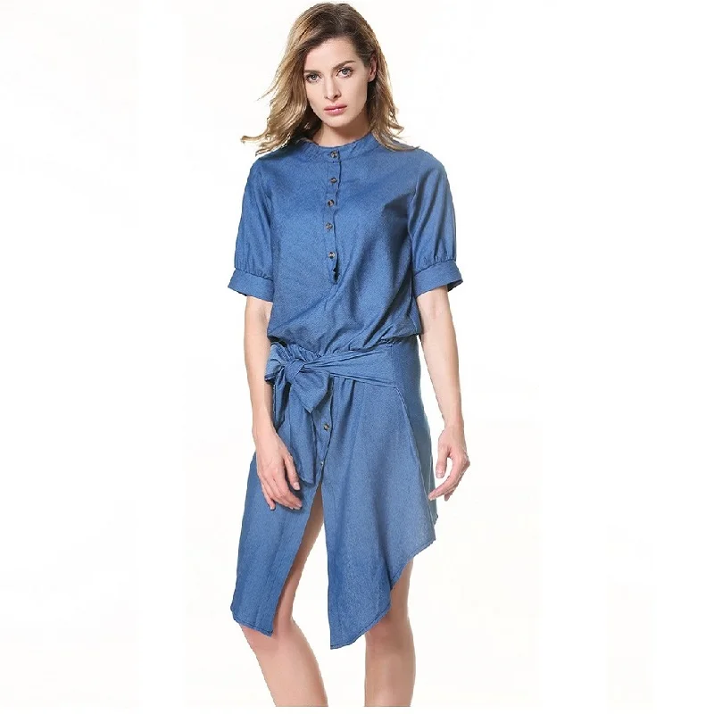 Female fashion simple medium long denim one piece dress stylish puff