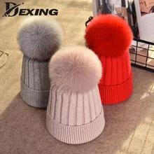 Модная вязаная шапка из лисьего меха с помпонами для девочек, женская зимняя шапка, женские шапки Skullies Beanies, уличные спортивные лыжные шапки