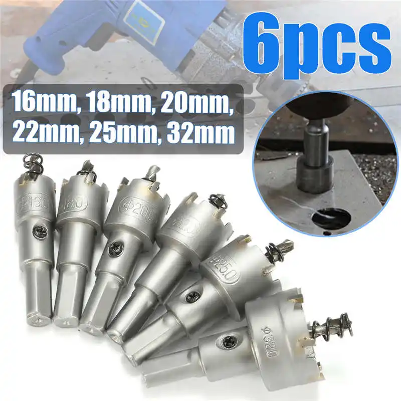 

6Pcs 16-32mm HSS Carbide Tip Drill Bit Hole Saw Cutter Set Metal Tungsten Steel Wood Metal Drilling