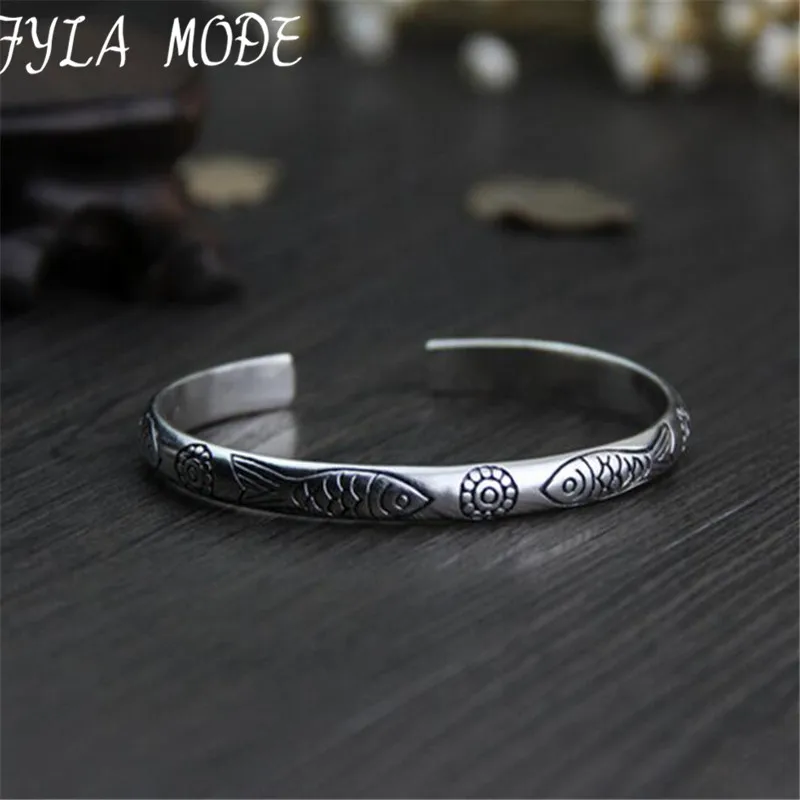 

Fyla Mode Women Vintage Bracelet Antique 999 Silver Fashion Bangle Bracelet Flower Floral & Fish Carved Cuff Bangle Jewelry 6mm