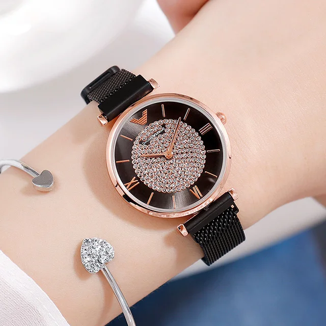Женские часы Топ бренд женские наручные часы из розового золота для женщин relogio feminino Роскошные Кварцевые часы с бриллиантами и магнитной сеткой - Цвет: black