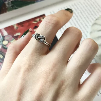 

Women's Authentic S925 Sterling Silver Fine Jewelry Double Rows Love Knot Twisted open retro rings J388