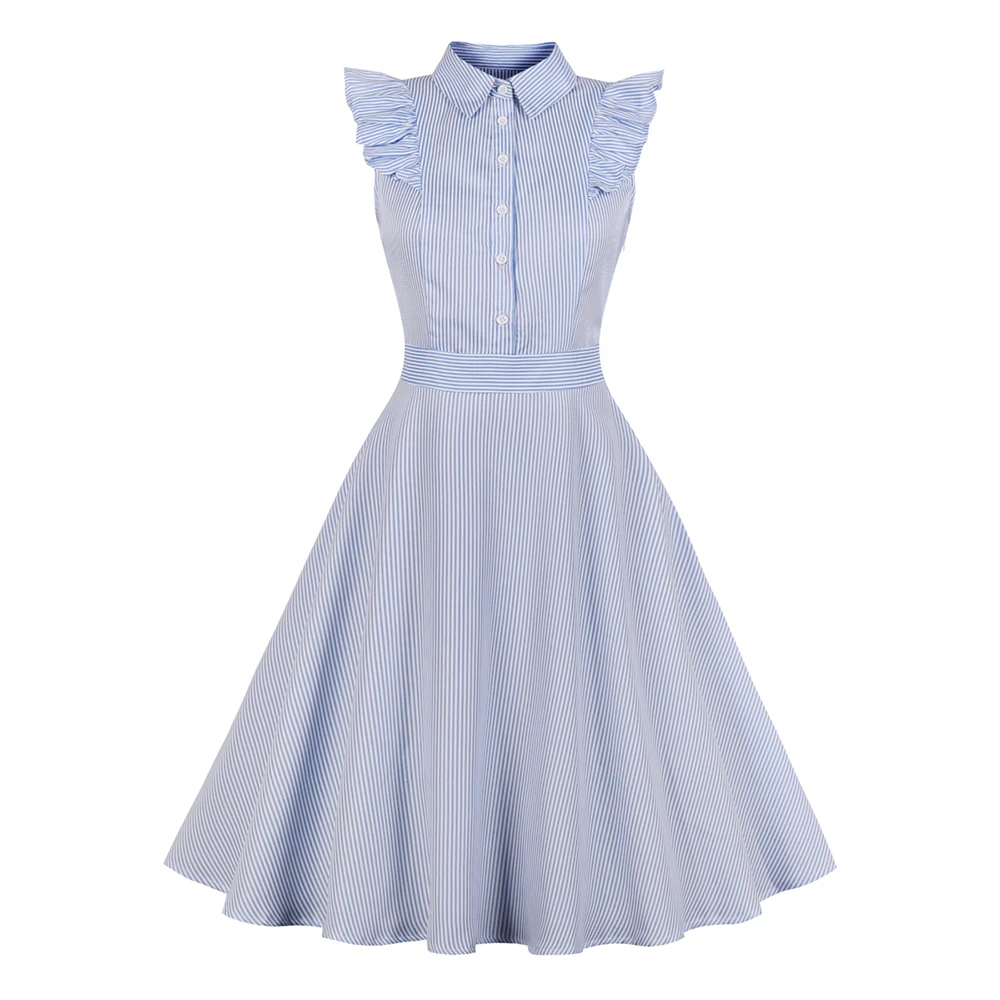 

Sisjuly Women Party Work Blue Striped Dress Office Lady Cap Butterfly Sleeve Single Breasted Trumpet Mermaid Dresses