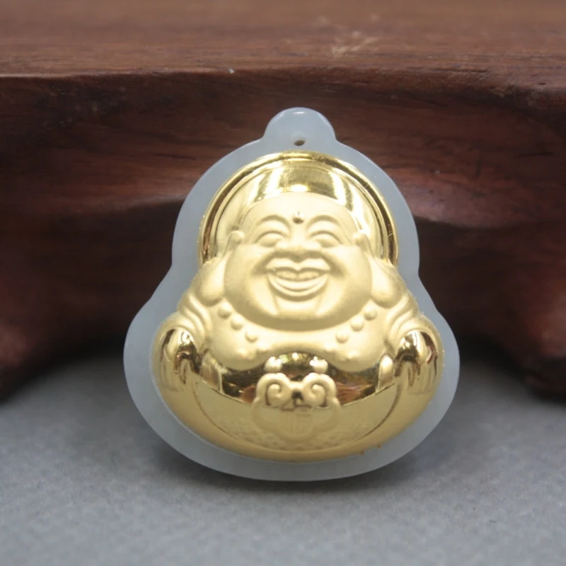 

New 24K Yellow Gold Natural Jadeite Jade Women Men Buddha Bless Pendant 28x26mm