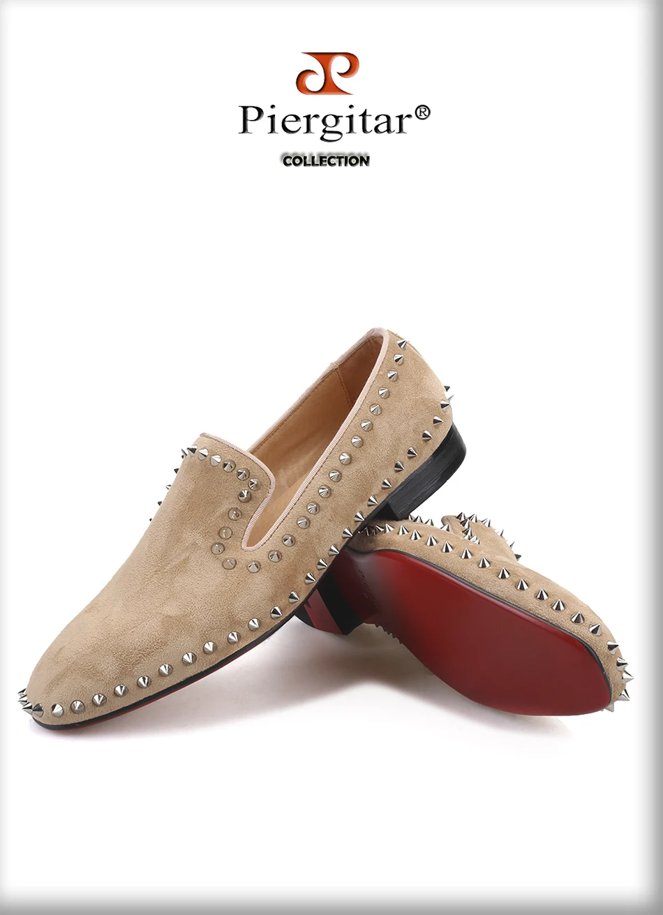 Piergitar/ мужские замшевые туфли ручной работы цвета хаки с серебряными шипами; модные брендовые мужские лоферы с красной подошвой; большие размеры