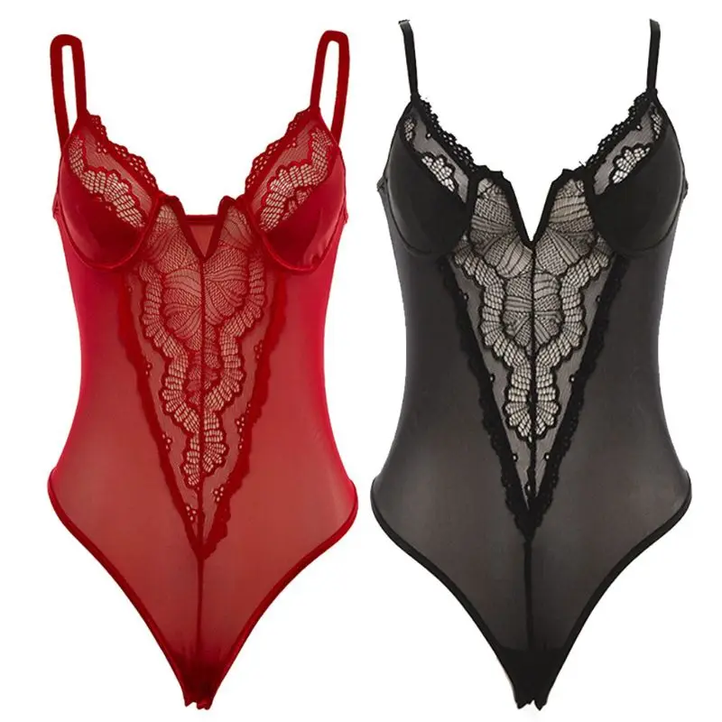 

Womens Erotic Sheer Mesh V-Neck Bodysuit Solid Color Floral Lace Splicing Rompers Sleeveless High Cut Backless Jumpsuit
