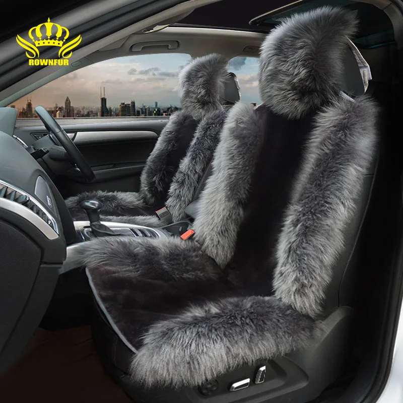 

ROWNFUR Australian Sheepskin Car Seat Cover Set Universal Artificial Plush Seat Cushion Protect Seats Auto Accessories Interior