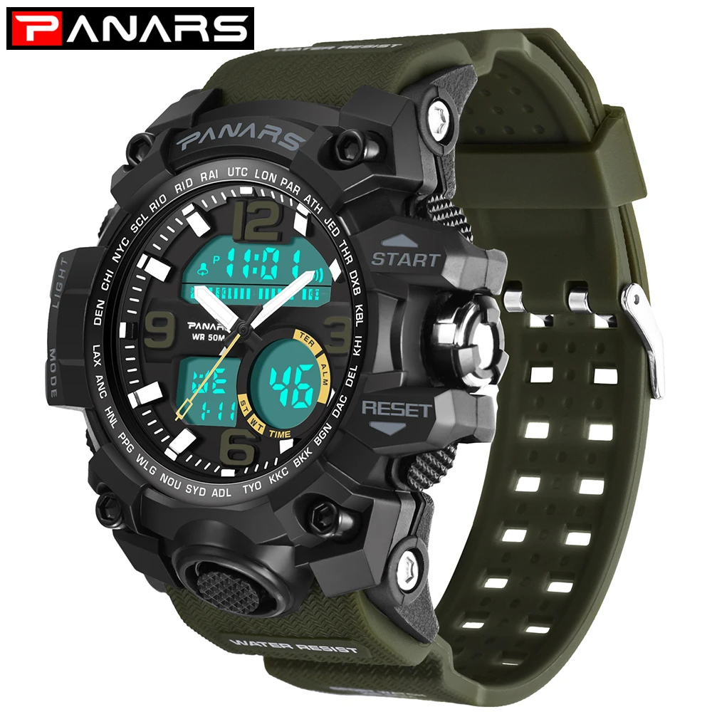 

PANARS Men Sports Watches 50m Waterproof Quartz Digital Watch Men Luxury Brand LED Military Outdoor Men Wrist Watch kol saati