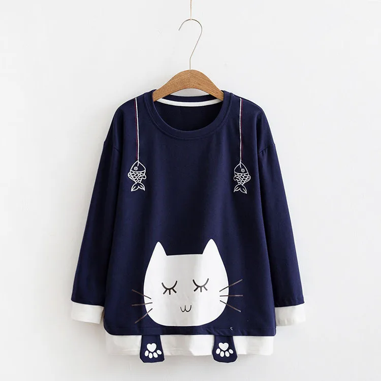

2019 Sweet cat footprint thin o-neck pullover sweatshirt casual female 26028