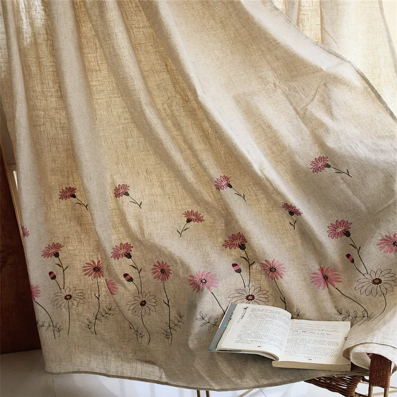 

Finished curtains linen garden embroidery shade track floor window bedroom floating window