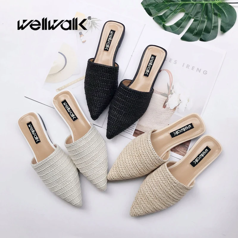 

Wellwalk Breathable Mule Shoes Women Flat Slippers Unicorn Ladies Cane Weaving Sliders Female Summer Pointed Toe Slides Office